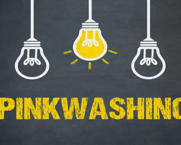 Cinque lampadine, una accesa, su sfondo scuro. Sotto, la scritta "PINKWASHING" in giallo.
