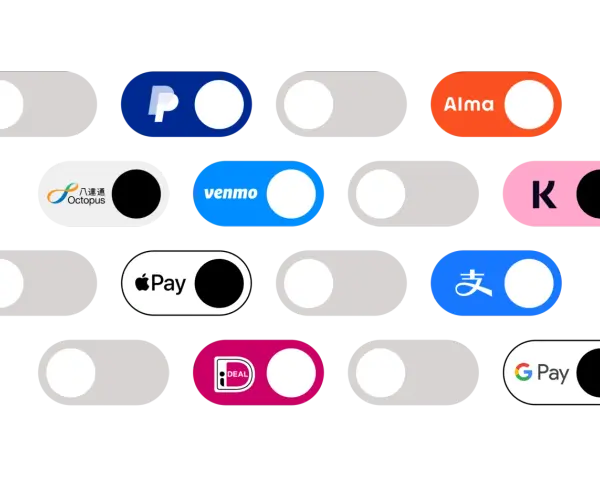 Interruttori per diverse icone pagamenti: PayPal, Octopus, Venmo, Alma, Apple Pay, Google Pay e altri.