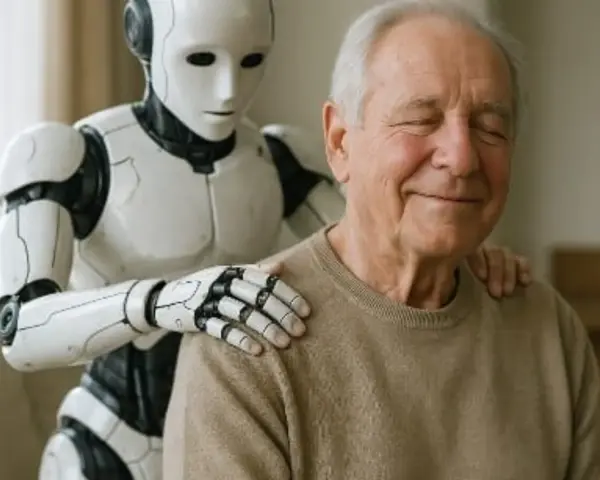 Un anziano sorride con gli occhi chiusi mentre un social robot gli massaggia le spalle, offrendo compagnia e assistenza.