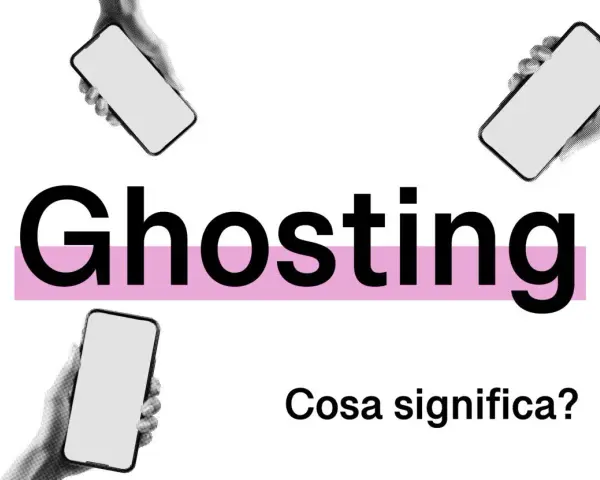 Il ghosting è una forma di violenza psicologica che lascia senza parole. Mani con smartphone circondano la parola "Ghosting".
