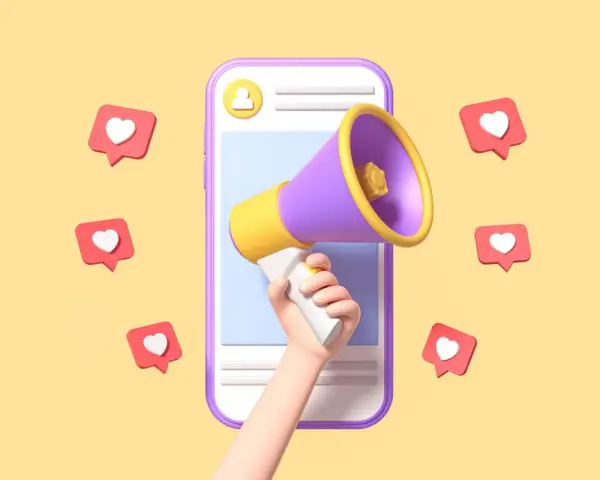 Mano con megafono su smartphone, circondata da cuori, per comunicare il blastare significato di un successo virale.