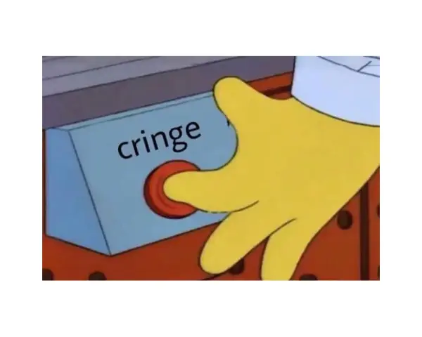 Mano gialla preme il pulsante "cringe". Un classico meme per descrivere momenti imbarazzanti.