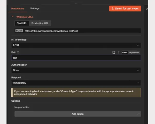 Configurazione webhook per un test. Il percorso è impostato su "test" per la richiesta POST.