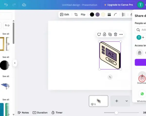 Interfaccia di Canva con un elemento grafico "AI TEXT" selezionato. Le immagini di Canva hanno copyright.
