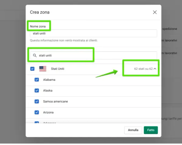 Configurazione spedizione Shopify: selezione "Stati Uniti" come zona, con 62 stati su 62 inclusi.