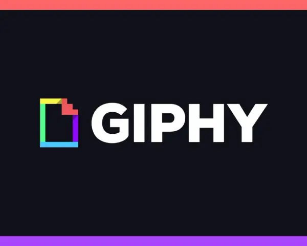 Il logo GIPHY, con il suo significato di animazioni divertenti, è rappresentato da un'icona colorata e dal testo bianco su sfondo scuro.