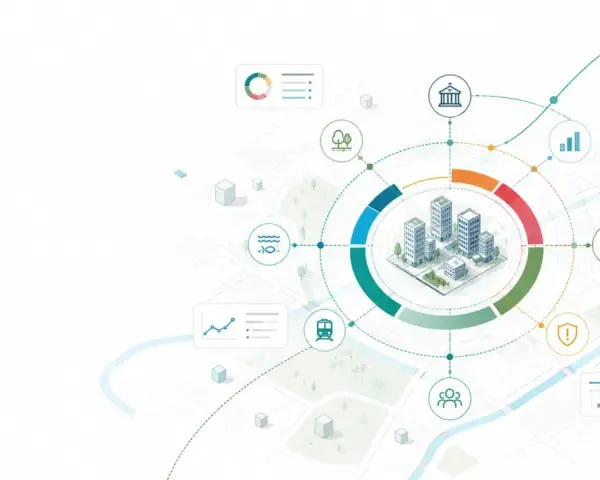 Illustrazione di una città con icone che rappresentano dati, ambiente, trasporti e comunità, suggerendo il content repurposing di informazioni per una visione olistica.