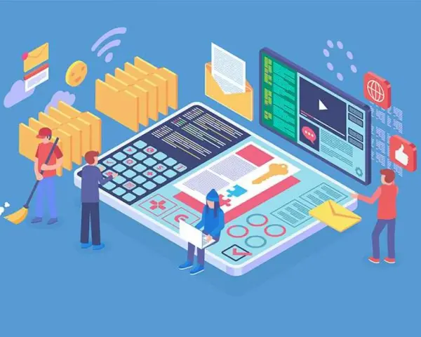 Persone lavorano su un grande schermo, organizzando file e contenuti per il **seo cms**.