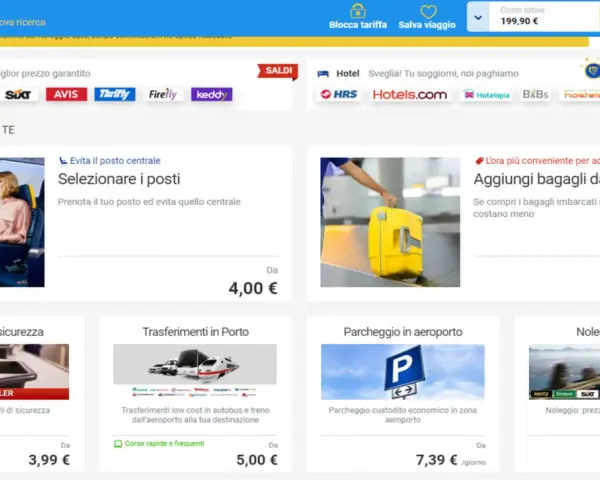 Offerte per migliorare il viaggio: posti, bagagli, fast track, trasferimenti, parcheggio e noleggio auto. Un esempio di cross selling traduzione.