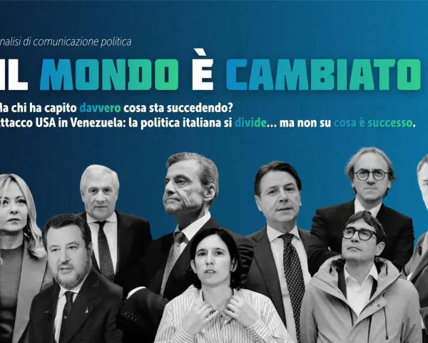 Volti della politica italiana sotto il titolo "Il mondo è cambiato". Analisi di comunicazione politica che riflette sulle divisioni.
