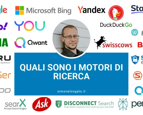 Loghi di vari motori di ricerca, tra cui Google, Bing, DuckDuckGo, Startpage, Ecosia, Qwant, Swisscows, Baidu, e altri, con la domanda "Quali sono i motori di ricerca".