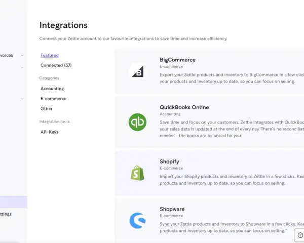 Schermata di integrazione Zettle, con opzioni per Shopify, BigCommerce e QuickBooks.