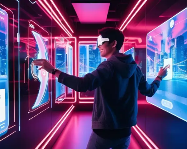 Un uomo con visore VR interagisce con schermi luminosi, esplorando il **phygital significato** in un corridoio futuristico.