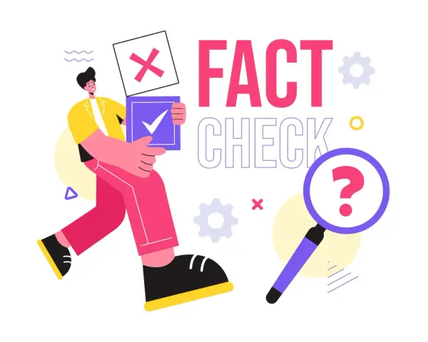Uomo con cartelli "X" e spunta, simbolo di "fact checkers significato". Lente d'ingrandimento con punto interrogativo.