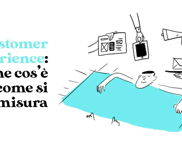Customer Experience: che cos'è e come si misura. Un uomo rilassato su un lettino blu, circondato da mani che offrono dispositivi digitali e comunicazioni, per una perfetta digital experience.