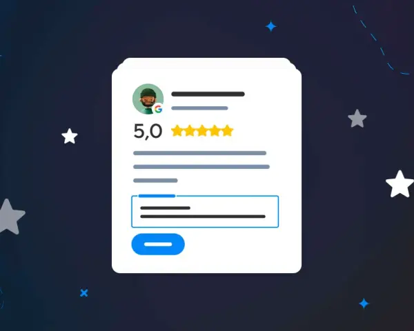 Interfaccia di un'app per recensioni con valutazione 5 stelle e un utente stilizzato.