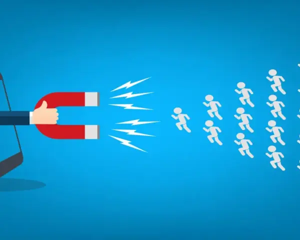 Un magnete esce da uno smartphone, attirando una folla di persone. Efficace viral marketing!