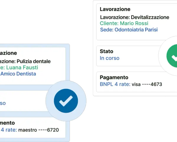 Dettagli lavorazioni dentistiche: pulizia per Luana Fausti e devitalizzazione per Mario Rossi. Le recensioni qomodo confermano l'efficienza.