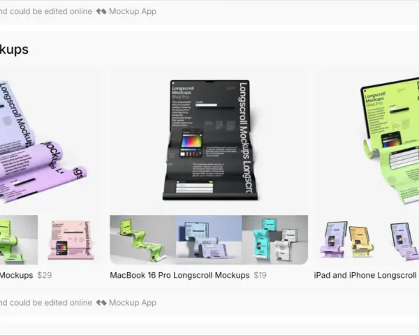 Mockup esempi: vari set di mockup "longscroll" per iPad, MacBook e iMac, con design accattivanti e colori vivaci.