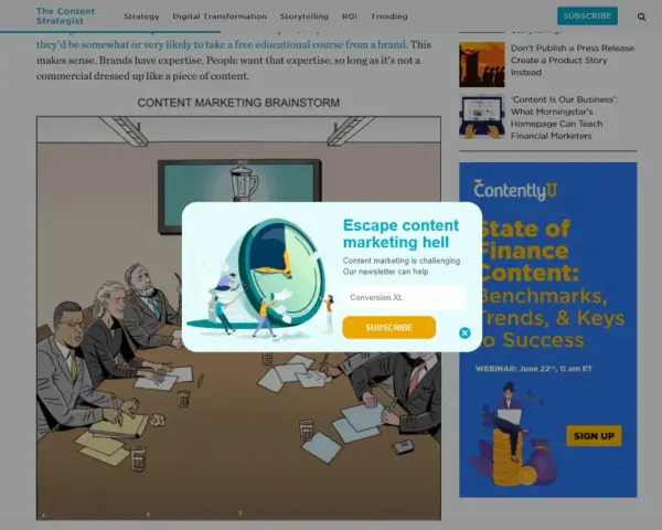 Un pop-up con un orologio e persone che lavorano su fogli di carta, invita a iscriversi per sfuggire all'inferno del content marketing.
