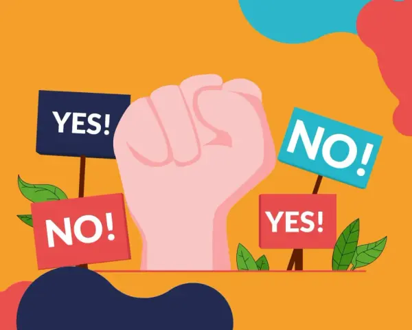 Pugno chiuso con cartelli "YES!" e "NO!". Un'immagine che simboleggia la scelta, il dibattito, il "woke washing" che cerca di influenzare le decisioni.
