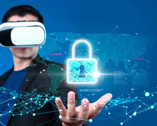 Uomo con visore VR, un lucchetto digitale e una mappa del mondo. La realtà virtuale sesso è un concetto futuristico.