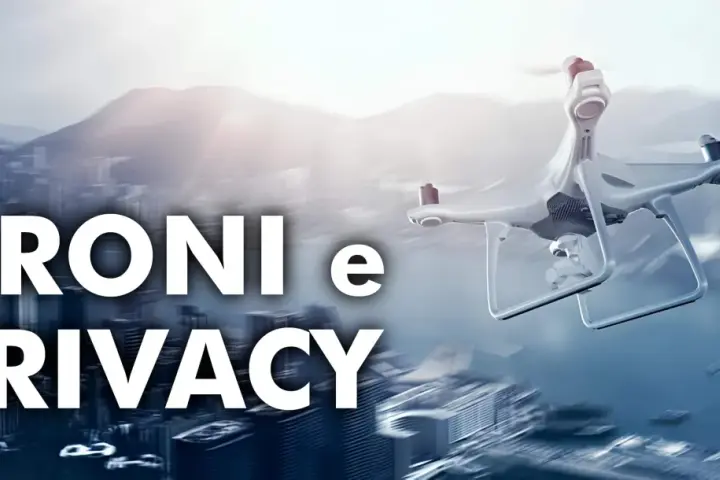 Un drone sorvola una città sfocata, sollevando interrogativi su droni e privacy.