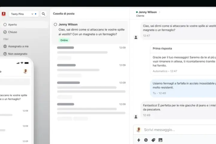 Interfaccia di chat di Shopify con conversazione cliente-venditore su spille magnetiche.