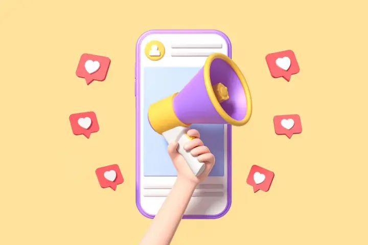 Mano con megafono su smartphone, circondata da cuori, per comunicare il blastare significato di un successo virale.