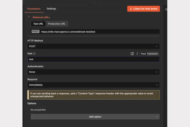 Configurazione webhook per un test. Il percorso è impostato su "test" per la richiesta POST.