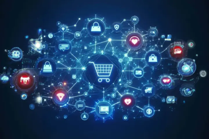 Rete di icone digitali con carrello al centro, che illustra i vantaggi e-commerce: acquisti, pagamenti sicuri, spedizioni e connessioni globali.