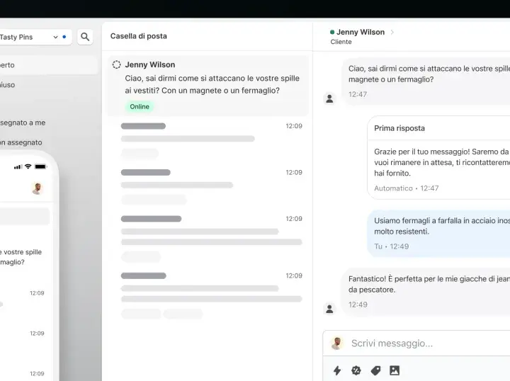 Interfaccia di chat di Shopify con conversazione cliente-venditore su spille magnetiche.
