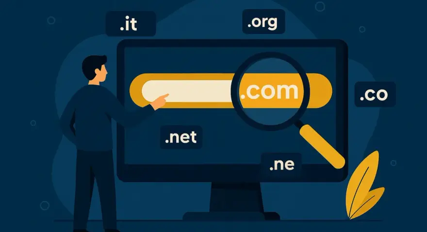 Un uomo cerca su un monitor con una lente d'ingrandimento per capire come trovare il dominio perfetto, tra opzioni come .com, .it, .org, .net, .co e .ne.