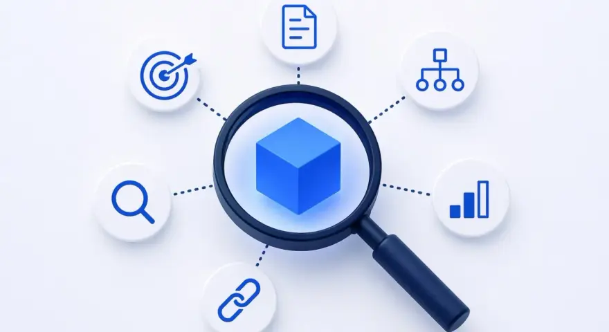 Lente d'ingrandimento su un cubo blu, circondata da icone che rappresentano ricerca, obiettivi, documenti, grafici e link. Simboleggia la costruzione della **topical authority**.