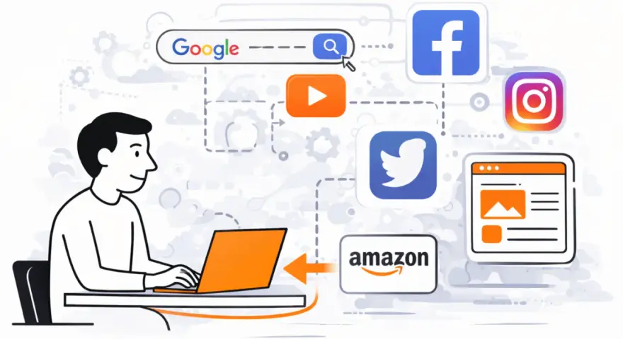 Un utente naviga tra i 100 siti più visitati in Italia: Google, Facebook, Instagram, Twitter, YouTube e Amazon.