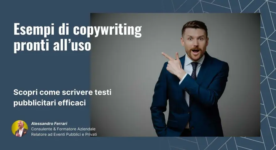 Uomo sorpreso indica esempi di copywriting efficaci. Impara a creare testi pubblicitari vincenti con Alessandro Ferrari.
