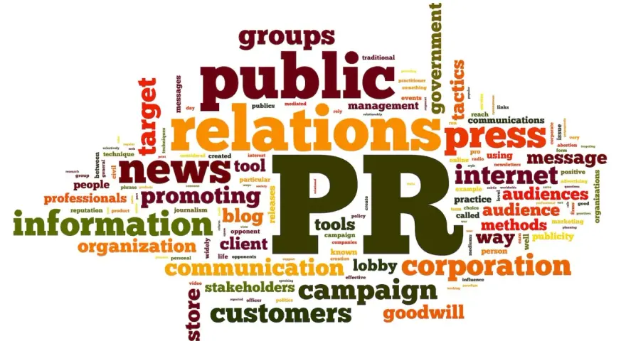 La nuvola di parole illustra il significato di PR, con termini come "pubbliche relazioni", "comunicazione", "campagna", "messaggio", "internet", "audience" e "clienti".