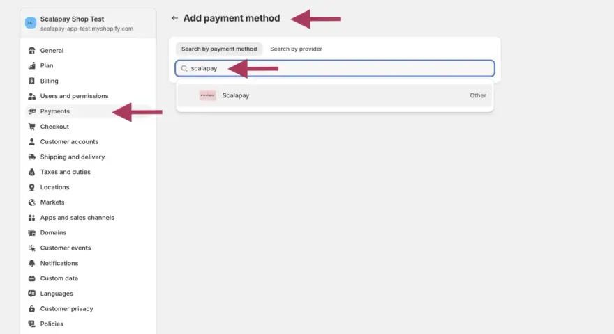 Aggiunta di Scalapay come metodo di pagamento su Shopify.