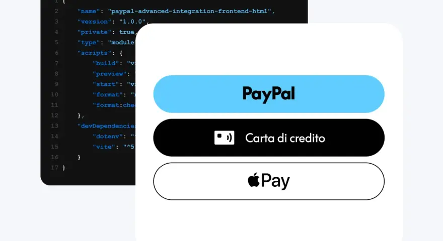 Codice per integrazione frontend PayPal, con opzioni di pagamento come PayPal Express Checkout, carta di credito e Apple Pay.