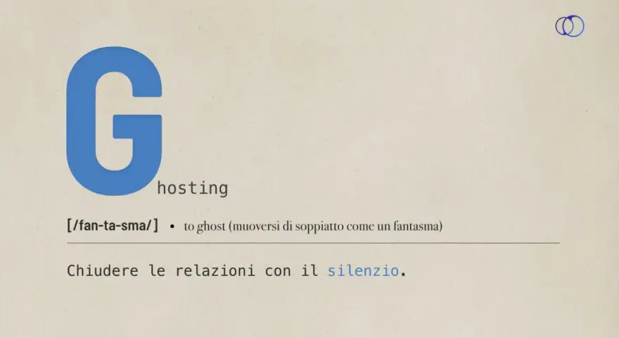 La lettera G maiuscola, la parola "hosting" e la sua traduzione: ghosting (chiudere relazioni col silenzio).