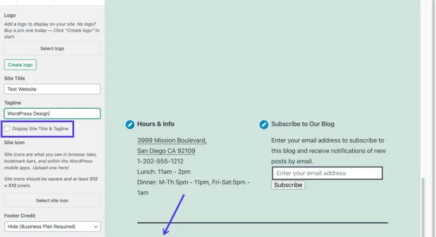Impostazioni sito: "WordPress Design" come tagline. Opzione per nascondere il copyright footer.
