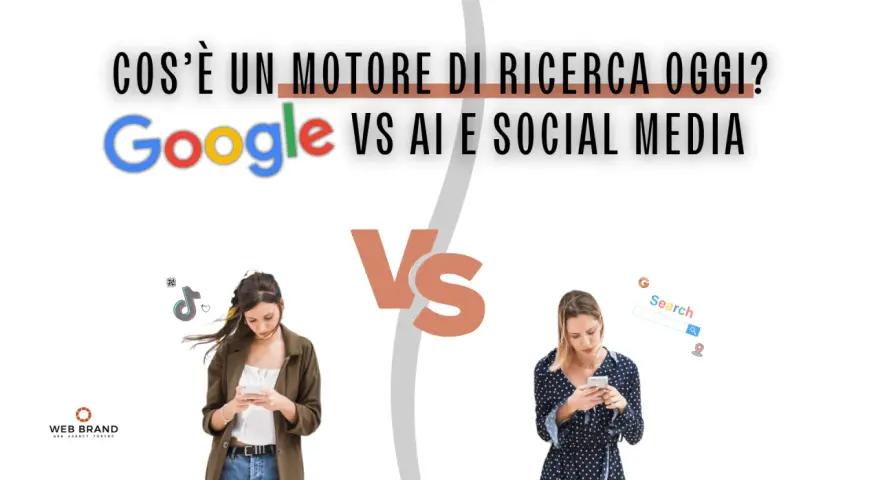 Google vs. social media: cos'è un motore di ricerca oggi? Due donne usano smartphone, una con icone social, l'altra con barra di ricerca Google.