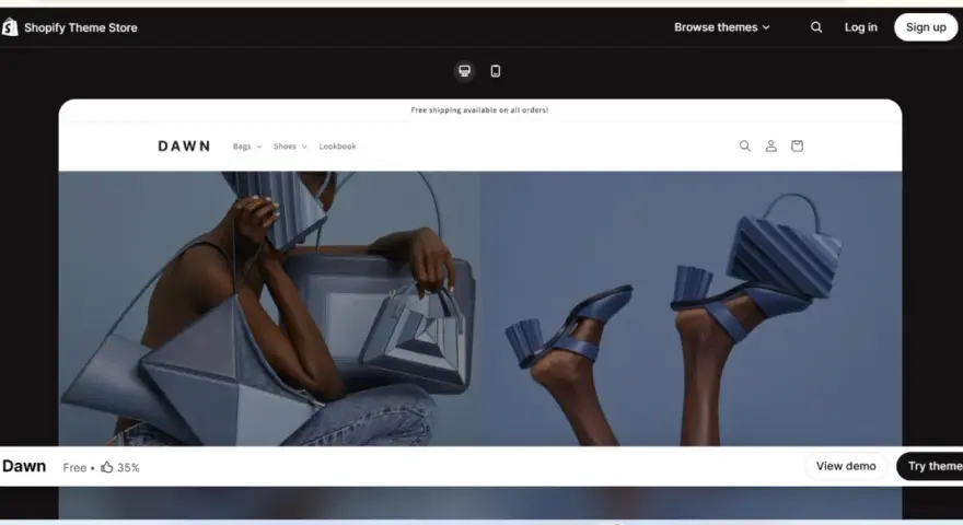 Anteprima del tema Dawn, un'ottima guida shopify per creare un sito di moda con borse e scarpe eleganti.