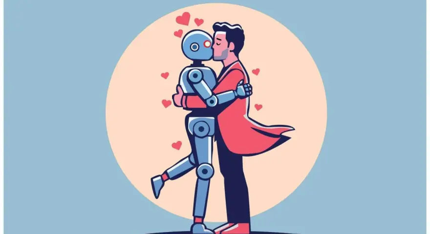 Un uomo bacia un robot sesso, circondati da cuori rossi.