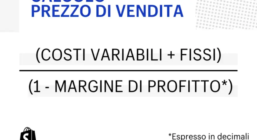 Formula per calcolare il prezzo di vendita su Shopify, considerando costi e margine di profitto.