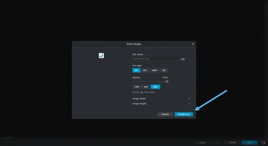 Finestra di salvataggio immagine per un favicon Shopify, con opzioni per nome file, tipo e qualità.