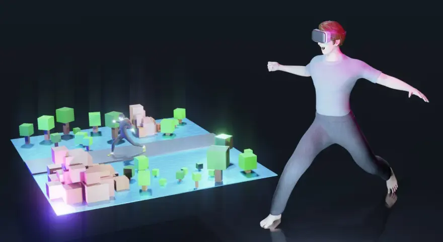 Un ragazzo con visore VR esplora un mondo virtuale, un metaverso esempio di interazione digitale con avatar e paesaggi stilizzati.