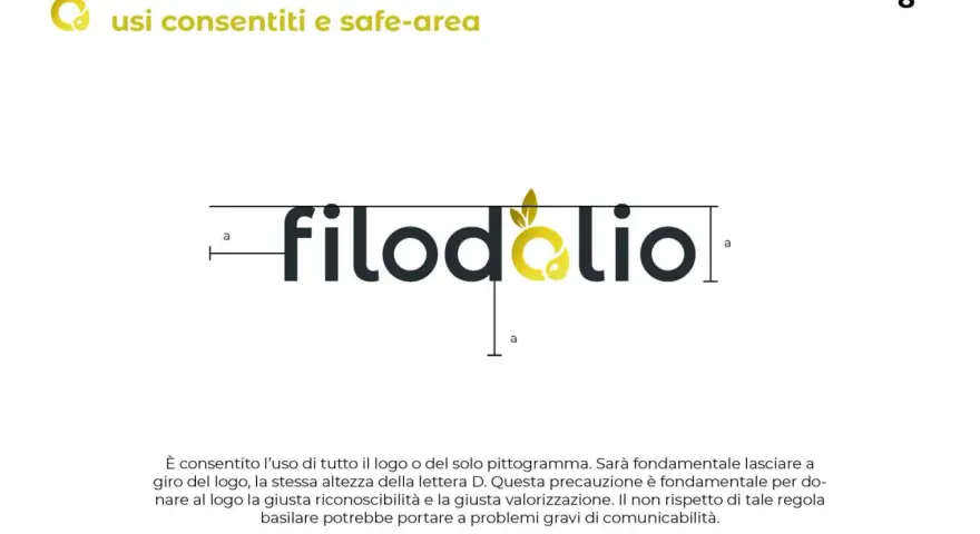 Logo "filodolio" con pittogramma giallo. Il manuale d'uso spiega il logo significato e le regole di impiego per garantirne la riconoscibilità.