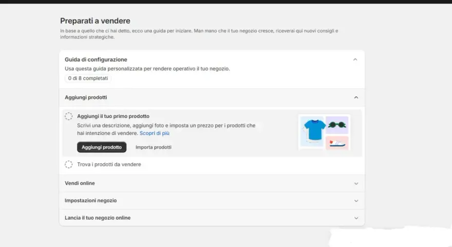 Guida per creare un sito con Shopify: aggiungi il tuo primo prodotto, imposta prezzi e foto.