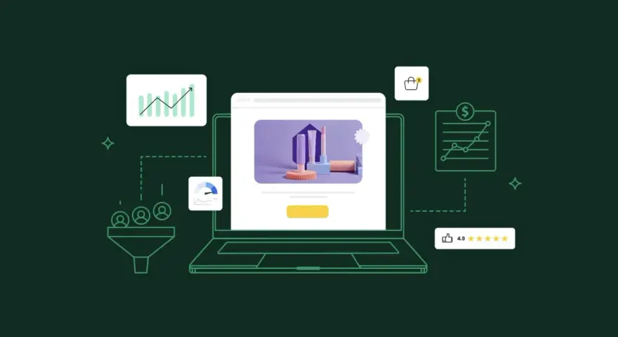 Grafica che illustra il processo di creazione e ottimizzazione di landing pages, con icone di analisi, funnel e recensioni.